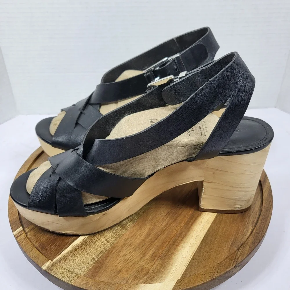 Rebecca Minkoff Black Leather Wood Platform‎ Block Heel Sandals Womens 9M